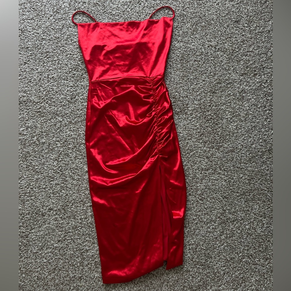 Red Satin Midi Dress